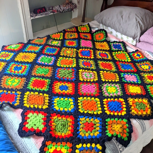 Vintage Other - Granny square blanket black rainbow vintage 70s